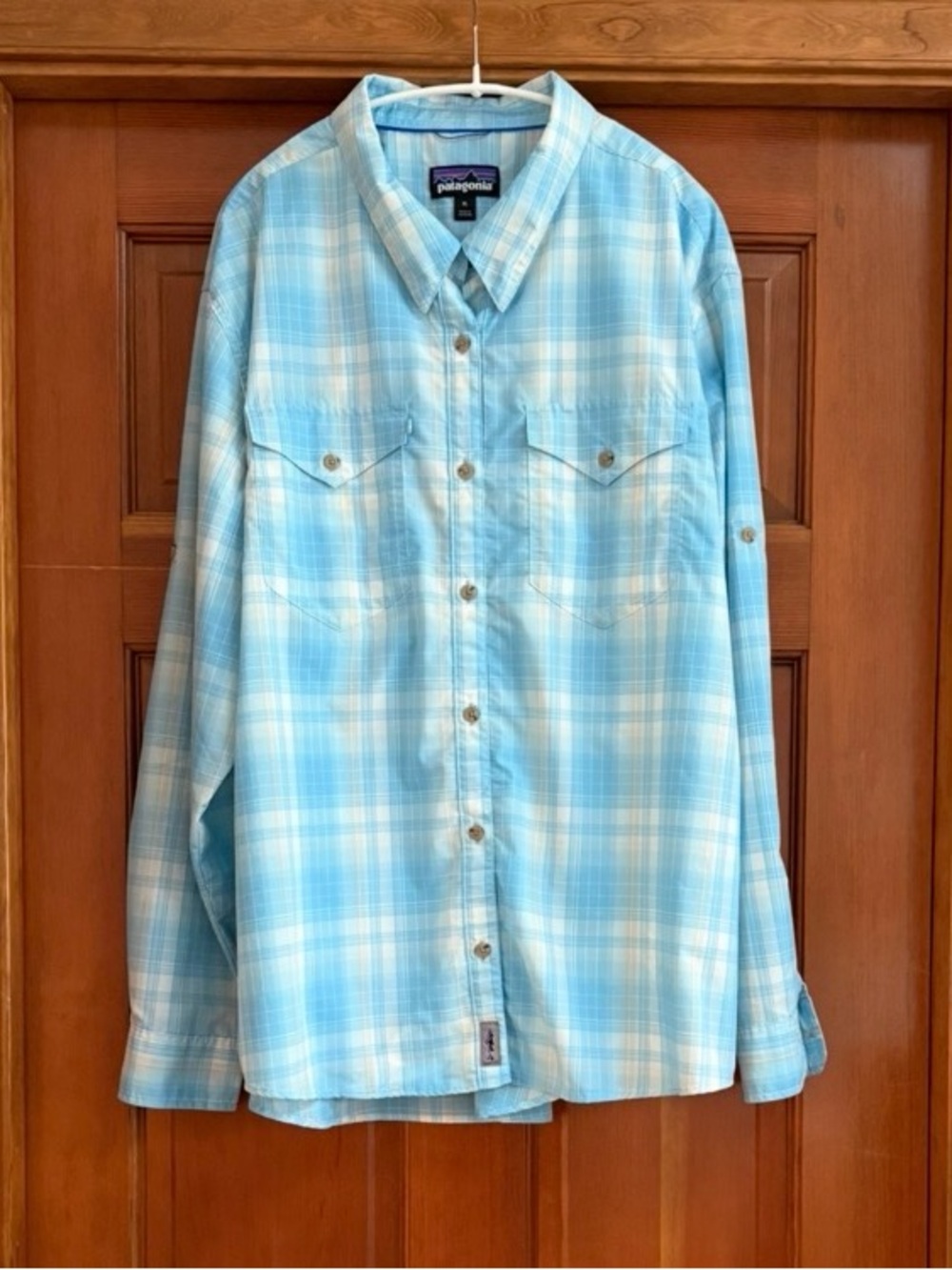 Patagonia Women's Quick Dry Light Blue Plaid Button-Up Shirt
